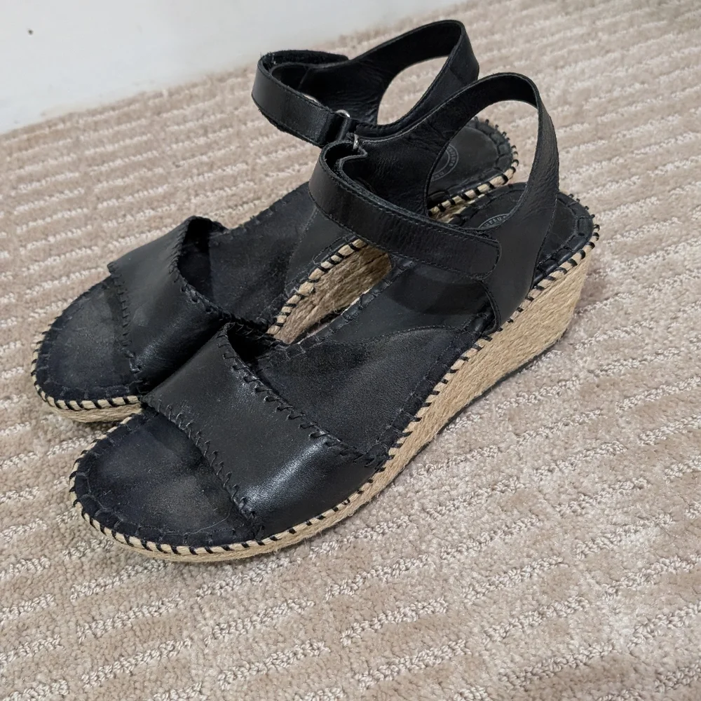 Nurture Black Leather Espadrille Wedge Sandals - Picture 2 of 9